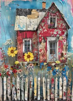 a painting of a house with flowers on the fence