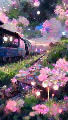 a train traveling through a lush green forest filled with pink flowers on the side of it