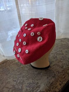 The coziness of felted wool in brilliant red paired with creamy white buttons for a woodland aesthetic. Upcycled felted wool hat with assorted vintage buttons. Beret Aesthetic, Woodland Aesthetic, Red Beret, Button Mushroom, Mushroom Hat, Bonnet Hat, Berets, Cute Hats, Cute Rings