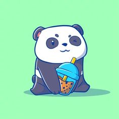 a panda bear sitting on the ground holding an ice cream cone