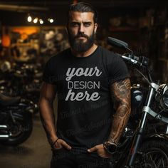 Black Biker T-shirt With Custom Print, Black T Shirt Mockup, Your Design Here, Motorcycle Men, Tshirt Men, Biker T Shirts, T Shirt Mockup, Tshirt Mockup, Shirt Mockup