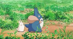 two cartoon characters standing in the grass near plants and bushes, one is looking at another character