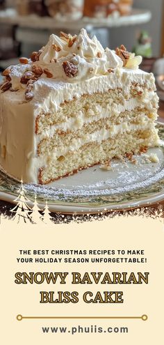 The Snowy Bavarian Bliss Cake is a delightful dessert that combines the lightness of a white cake with a rich and creamy frosting filled with sweetened coconut and crunchy pecans. This cake is perfect for celebrations, gatherings, or simply as a treat to indulge yourself. The combination of flavors and textures creates a blissful experience that will leave your taste buds dancing with joy. Snow Angel Cake, Snowy Barbarian Bliss Cake, Coconut Christmas Cake, Bavarian Bliss Cake, Snowy Bavarian Bliss Cake Recipe, Snowy Bavarian Bliss Cake, Scandinavian Baking, Snowball Cake, Yule Log Cake Recipe