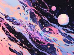 an abstract painting with blue, pink and white swirls in the air on a black background