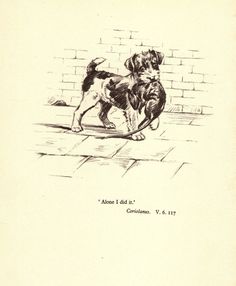 a drawing of two dogs standing next to each other on a tile floor in front of a brick wall