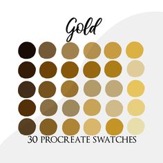 the color scheme for gold is shown in different shades and sizes, including browns