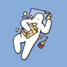 a cartoon character eating a sandwich with mustard falling from his mouth and holding a beer