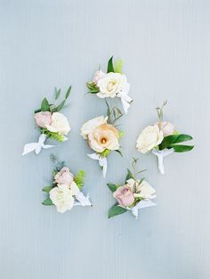 flowers arranged in the shape of bows on a light blue background with white and pink colors