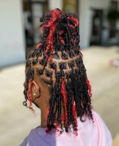 Locs Color Ideas Black Women Short, Under Color Locs, Locs With Patch Of Color, Female Locs Black Women Styles, Skunk Hair Dye Dreads, Starter Locs Styles Ponytail, Cute Hairstyles For Starter Locs, Soft Locs Natural Hair, Red And Black Dreads Black Women