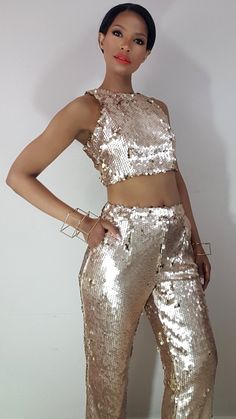 Rumi Sequin Pant Set by Nik Spruill Color: taupe Sequin Pant, Sequin Pants, Couture Tops, Romper Pants, Pant Set, Rumi, Jumpsuit Dress, Ring Earrings, High Fashion