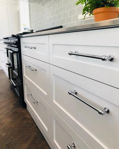 a kitchen with white cabinets and stainless steel pulls on the drawers, along with a potted plant