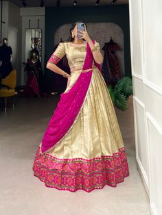 *🌷Lehenga Choli🌷*

Jacquard weaving meets Kanjivaram ikkat for unmatched opulence 🪸
 
*Lehenga(Stitched)*
Lehenga Fabric : Jacquard Silk
Lehenga Work : Weaving Work With Ikkat Kanjivaram
Lehenga Waist : SUPPORTED UP TO 42
Lehenga Closer : Drawstring with Zip 
Stitching : Stitched With Canvas 
Length : 41
Flair : 3.50 Meter
Inner : Silk

*Blouse(Unstitched)*
Blouse Fabric : Jacquard Silk
Blouse Work : Weaving Work With Ikkat Kanjivaram
Blouse Length : 0.90 Meter 

*Dupatta*
Dupatta Fabric : Georgette 
Dupatta Work : Lace Border and also sequins Butties all over  
Dupatta Length : 2.4 Meter

*Package Contain* : Lehenga, Dupatta, Blouse, Drawstring, Zip

Weight : 1.200 Kg

*Price : 1999/-free shipping*

~Studio