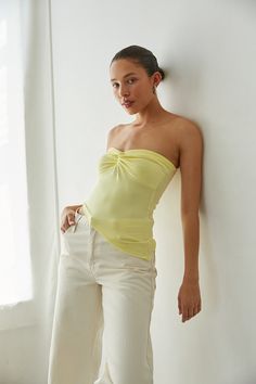 Front View | yellow-image | yellow strapless twist front asymmetrical hem tube top | summer top Yellow Tube Top Outfit, Twist Front Tube Top, Tube Top Fit, Yellow Top Outfit, Yellow Tube Top, Tube Top Outfits, Red Floral Top, American Threads, Rush Dresses