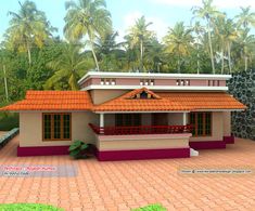 a small house is shown in the middle of a brick area with trees around it