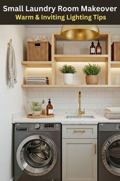 Stylish and functional small laundry room makeover featuring gray walls, a counter over the washer and dryer, and a laundry room nook. Perfect for small spaces, this DIY upgrade includes organization ideas, a drying rod, and decor tips to transform your space into a functional and aesthetic haven.