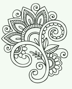 a black and white drawing of an intricate flower with swirly leaves on it's petals