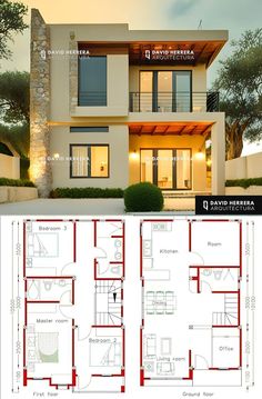 two story house plan with three floors and an open floor area for the living room