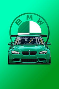 a green car with the word bmw on it's hood in front of a green background