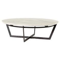 a white marble coffee table with black metal legs and an oval shaped top, viewed from the front