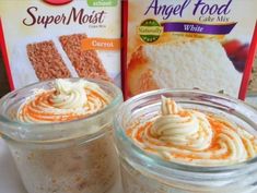 two jars filled with cake mix sitting on top of a table next to a bag of angel food cake mix