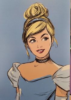 a drawing of a woman wearing a blue dress with a bun in her hair,