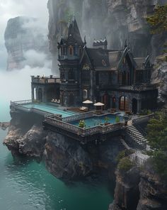 a large house sitting on top of a cliff next to the ocean with fog in the air