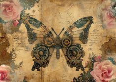 a butterfly with gears and flowers on it's wings is surrounded by old paper