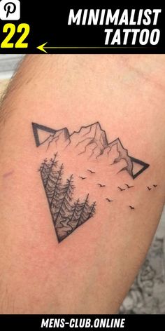 a man's arm with a mountain and birds tattoo on it