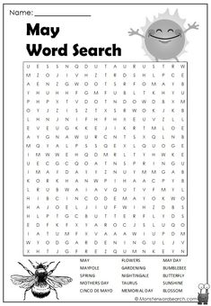 the may word search is shown in black and white with an image of a smiling bee