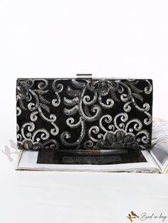 Bird in Bag - Womens Sequin Embroidered Clutch Bag with Large Capacity Elegant Black Shoulder Bag With Floral Embroidery, Elegant Black Embroidered Shoulder Bag, Black Embroidered Formal Bag, Formal Black Embroidered Bag, Black Embroidered Clutch Bag, Black Embroidered Clutch, Embroidered Clutch Bag, Embroidered Clutch, Box Bag