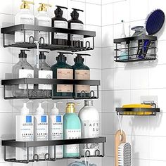 the shelves in the bathroom are organized with soaps, shampoos and toothbrushes