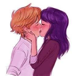 two people are kissing each other with purple hair