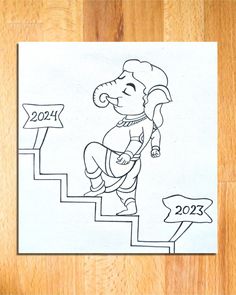 a drawing of a man walking up the stairs with a sign in front of him