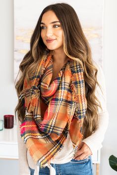 Cozy Plaid Blanket Scarf - Fringe | Mint Julep – The Mint Julep Boutique Orange Products, Pattern Swatches, Square Blanket Scarf, Denim Baby, Atlanta Fashion, Classic Scarf