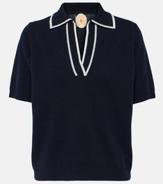 Luxury Wool V-neck Sweater, Designer Cashmere Fine Knit Sweater, Luxury Cashmere Winter Tops, Elegant Wool Sweater With Polo Collar, Luxury Polo Collar Sweater For Work, Elegant Collared Wool Polo Sweater, Wool V-neck Polo Sweater With Ribbed Collar, Luxury Cashmere Tops For Winter, V-neck Wool Polo Sweater With Ribbed Collar