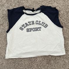 H&M Stare Club Sport, Never Worn, Perfect Condition, White, Navy Blue Sleeves Pinterest Wardrobe, H And M, Sport Top, Samsung Wallpaper, Tokio Hotel, Sports Top, Twin Flame, Cute Shirts, White Blue