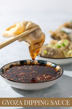 Gyoza sauce in a bowl with a Goyza dumpling being dipped into it. Gyoza Sauce Recipe, Gyoza Dipping Sauce, Gyoza Sauce, Japanese Gyoza, Gyoza Dumplings, Chicken Gyoza, Soy Sauce Rice, Dumpling Sauce