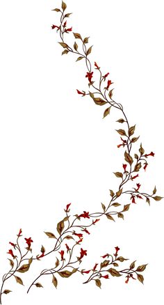 a branch with red flowers and green leaves on it is in the shape of a letter v