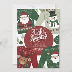 a christmas party card with santa and snowmen