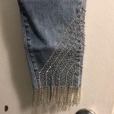 Brand New Tags Still On. Halle Crystal Fringe. Indigo Mid Rise Super Skinny Jeans. Elegant Party Jeans In Denim, Party Jeans With Rhinestone Fringe, Elegant Embellished Denim Bottoms, Elegant Embellished Fitted Jeans, Jeans Chain, Crystal Fringe, Bling Fashion, Basic Leggings, Floral Jeans