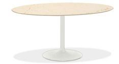 an oval table with a white base and a round top, viewed from the front