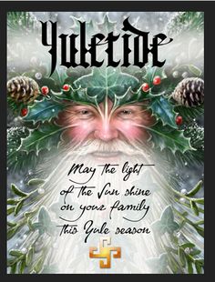 a christmas card with an image of santa claus and pine cones on his head, the words yuletine may the light of the fun shine in your family