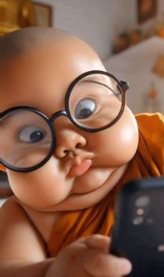 a baby wearing glasses and holding a cell phone in front of it's face