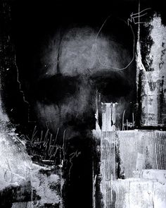 a black and white painting with some writing on the bottom right corner, in front of a dark background