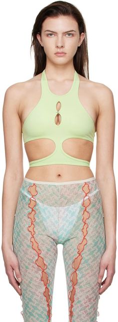 Rui: SSENSE Exclusive Green Halter Sport Bra | SSENSE Stretch Green Halter Top With Built-in Bra, Green Stretch Cropped Sports Bra, Green Cropped Stretch Sports Bra, Green Triangle Halter Top With Built-in Bra, Green Seamless Cropped Sports Bra, Green Cropped Seamless Sports Bra, Fitted Green Nylon Sports Bra, Spring Green Sports Bra, Green Fitted Racerback Crop Top