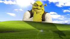 a cartoon character is standing in the middle of a green field with his hand on his chin