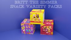 three boxes with different types of snacks on them and the words britt the summer snack variety packs