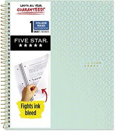 a spiral bound notebook with five star pages on the front and one in the middle