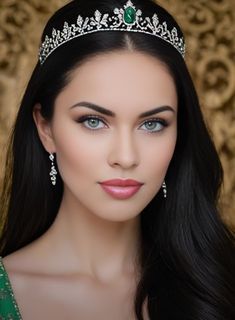 a woman with long black hair wearing a tiara and green dress, posing for the camera