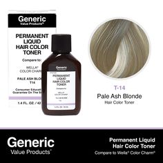 T14 Pale Ash Blonde Permanent Liquid Hair Color Toner Compare to Wella® ColorCharm® Generic Value Products T14 Pale Ash Blonde Permanent Liquid Hair Color Toner Compare to Wella® ColorCharm® | Blonde | Sally Beauty Wella Toner, Beige Blonde Hair, Purple Conditioner, Wella Color Charm, White Hair Color, Liquid Hair, Pale Blonde, Gold Blonde, Wella Color